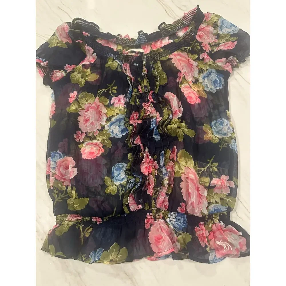 Abercrombie & Fitch Floral Chiffon Blouse M Navy Pink Ruffle Coquette Y2K